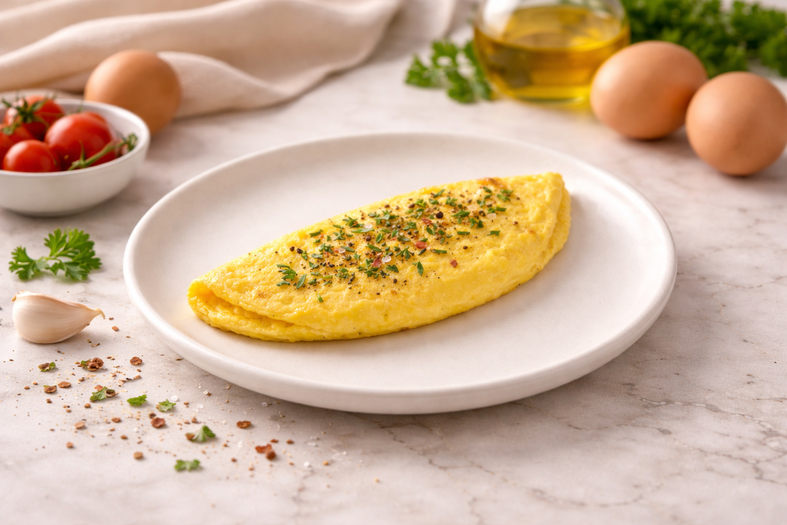 Een goudbruine omelet bestrooid met kruiden op een wit bord, omringd door eieren, tomaten, knoflook en olie.