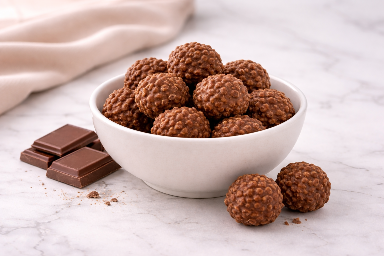 Een witte kom gevuld met chocolade-balletjes, geplaatst op een marmeren ondergrond met chocoladeblokjes en twee losse bites.