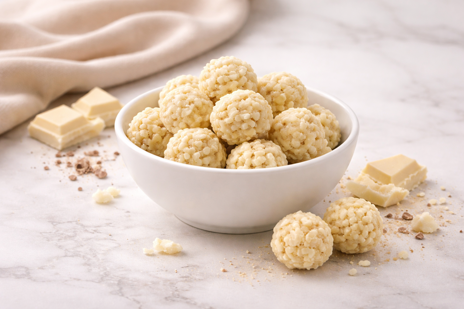 Een witte kom gevuld met bites van witte chocolade, omringd door stukjes chocolade op een marmeren ondergrond.