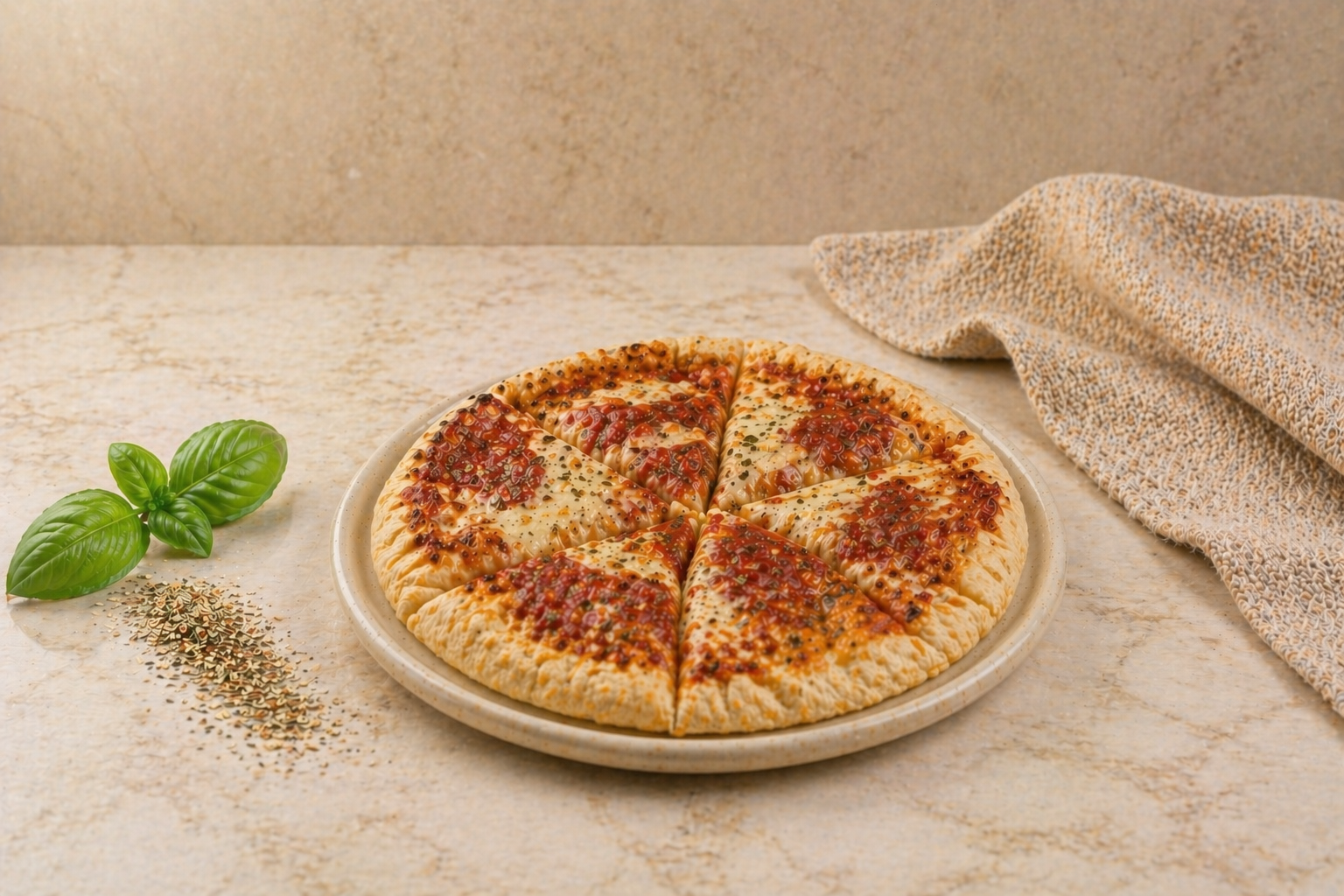 Kaaspizza op een bord met basilicumblaadjes en kruiden op een marmeren tafel.