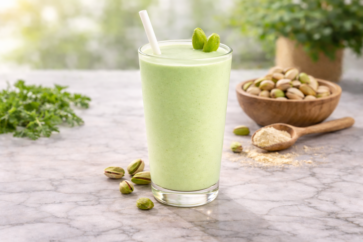 Een glas lichtgroene pistache smoothie op een marmeren oppervlak, omringd door pistachenoten en een lepeltje poeder.