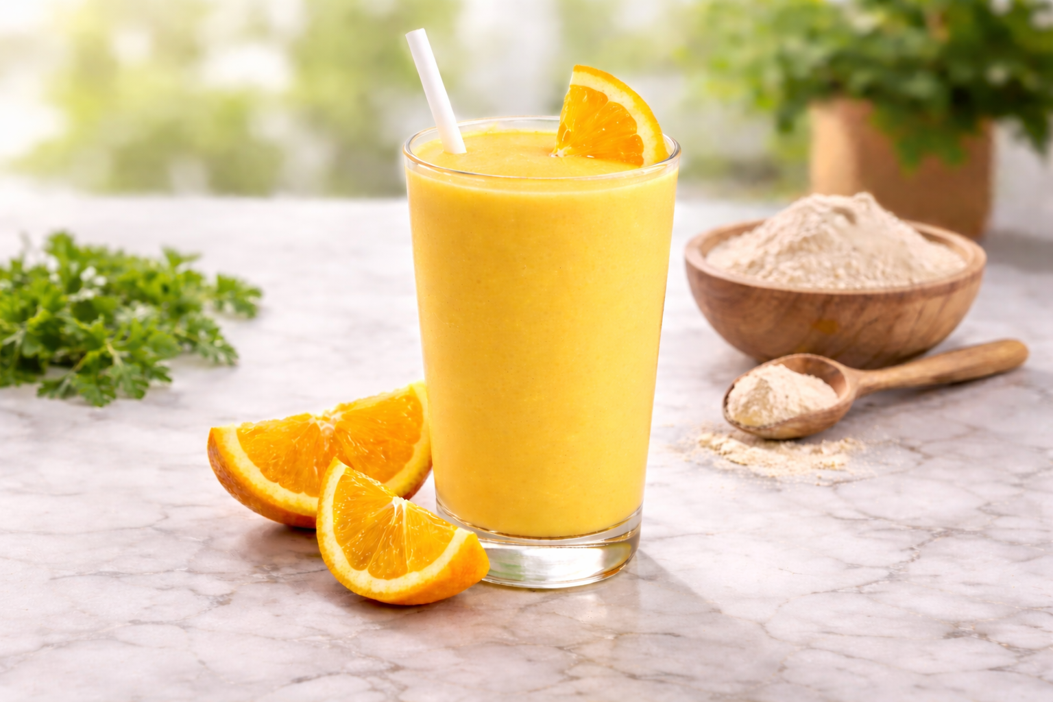 Een groot glas sinaasappelshake, gegarneerd met een schijfje sinaasappel, met stukjes citrusvrucht.