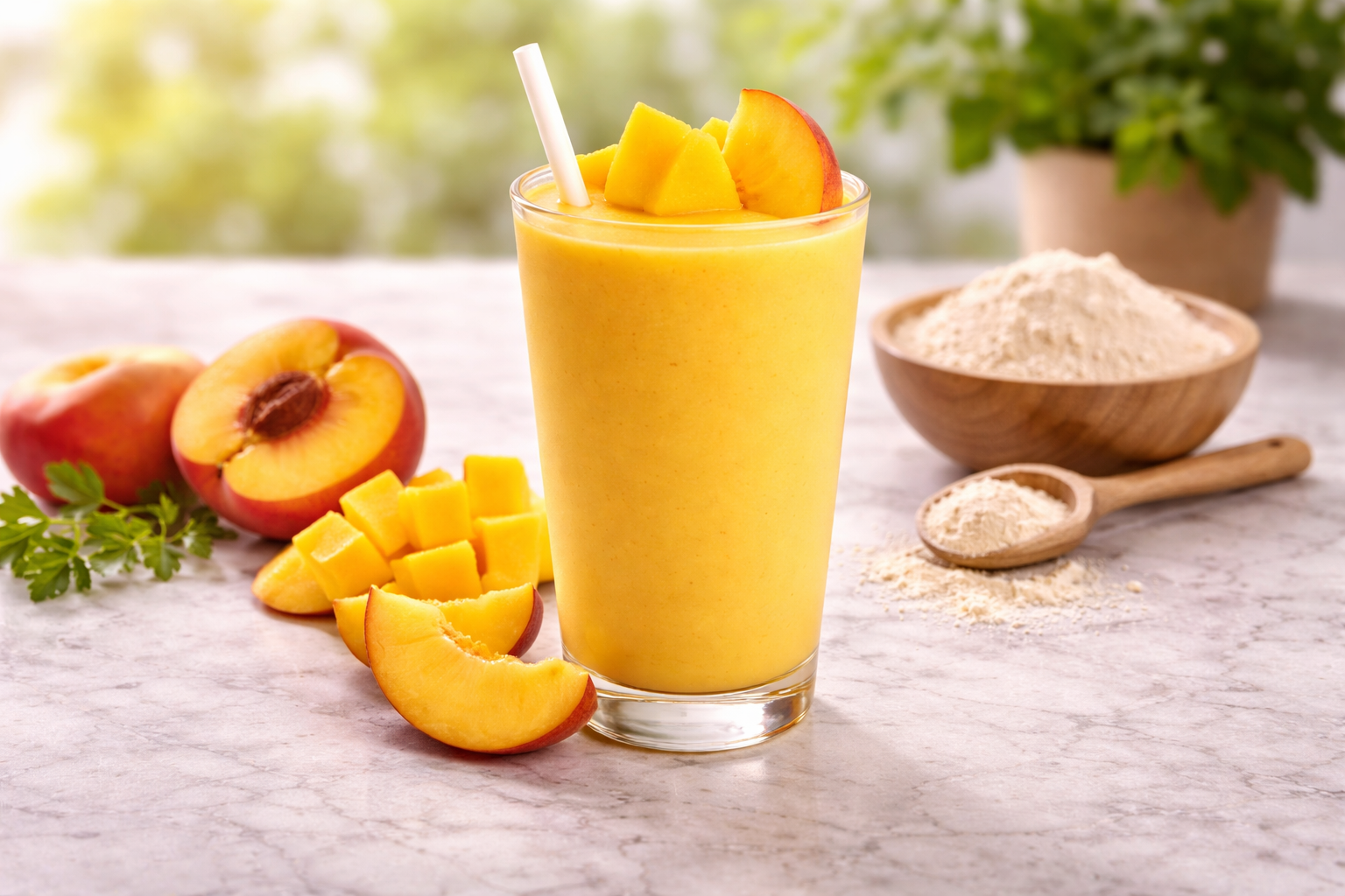 Een glas smoothie van gele perzik en mango met verse fruitschijfjes en een kom met graanpoeder op een marmeren blad.