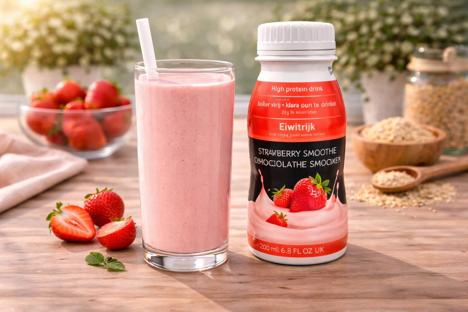Een aardbeiensmoothie in een glas naast een merkfles, met verse aardbeien en havermout op een houten tafel.