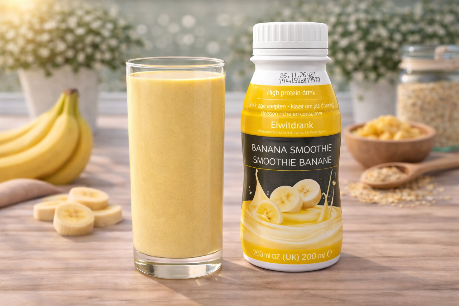 Een shake met bananen smaak in een glas en een flesje, met verse bananenschijfjes op een lichte houten tafel.