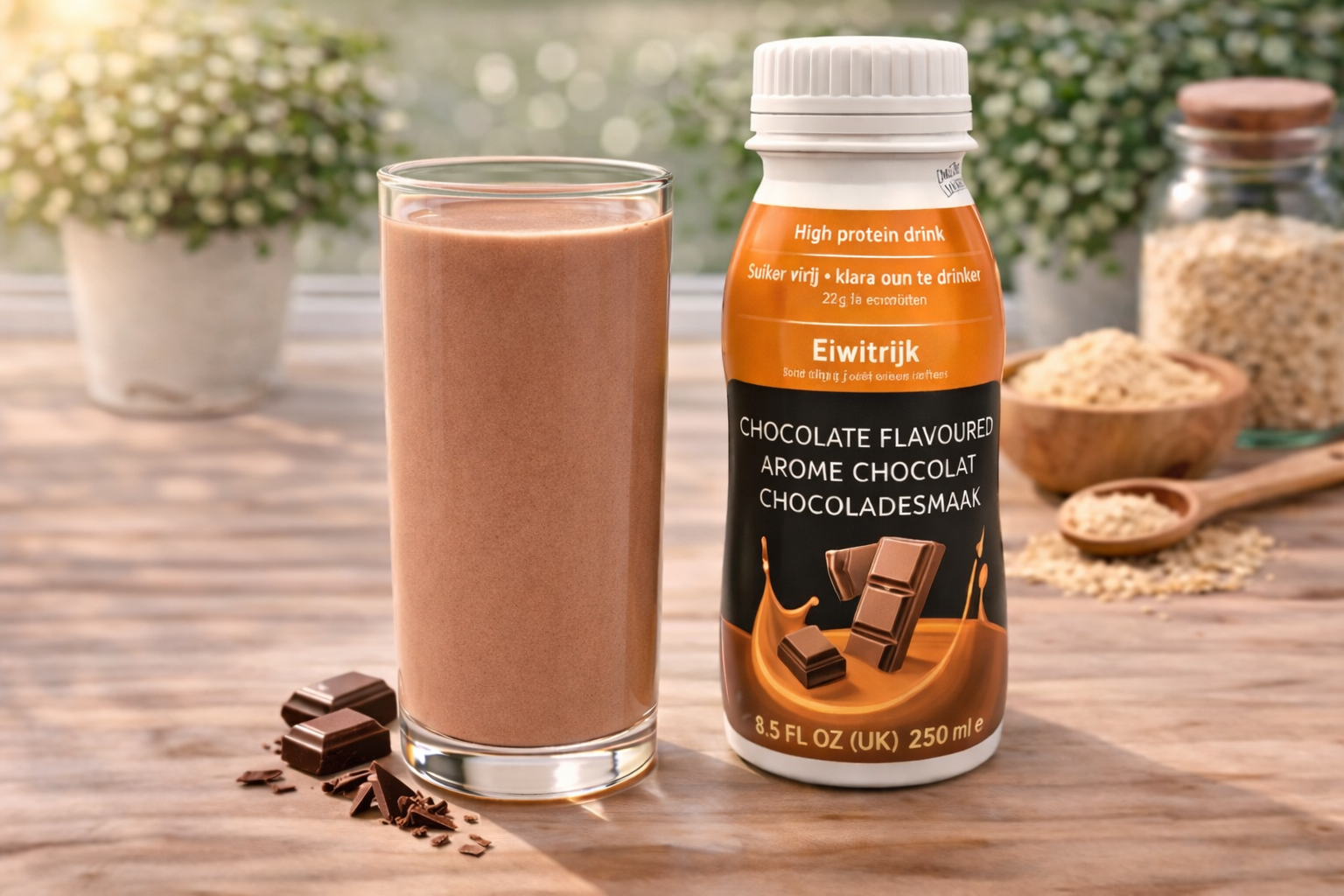 Op een houten tafel staan ​​een fles en een glas chocolade proteïne shake, met op de achtergrond stukjes chocolade,