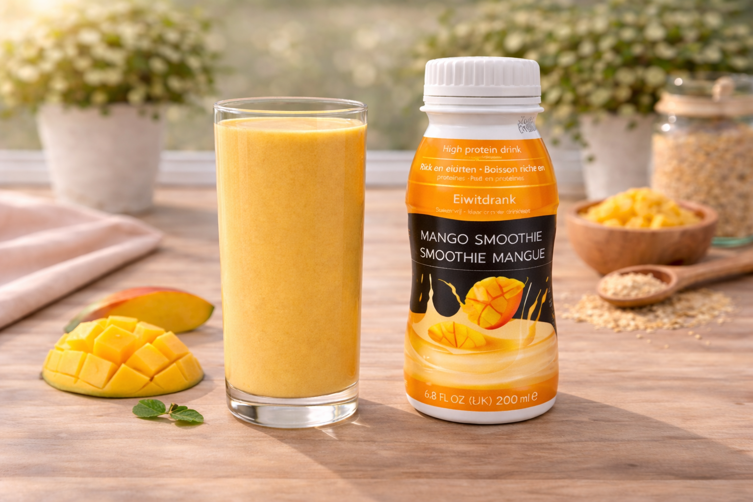 Een glas mangosmoothie naast een fles van dezelfde drank, gegarneerd met verse mangoschijfjes, op een houten tafel.