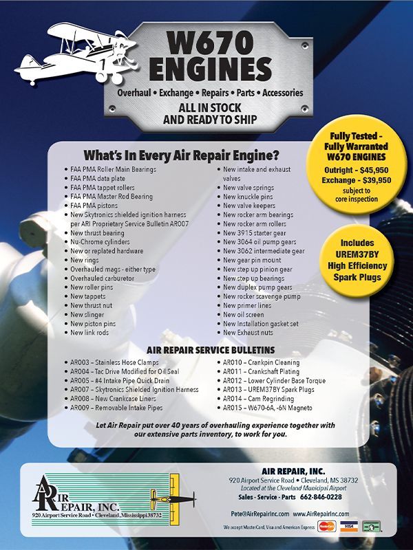 Advertisement for W670 engines, offering overhaul, exchange, repairs, parts, and accessories.