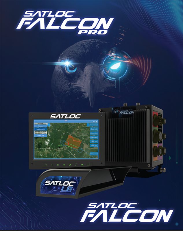 Satloc Falcon Pro system with display showing a map; a falcon graphic appears above.
