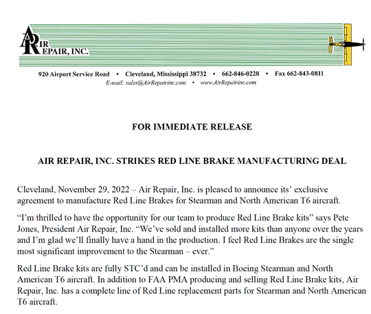 Press release announcing Air Repair Inc. will manufacture Red Line brake kits for Stearman and North American T6 aircraft.