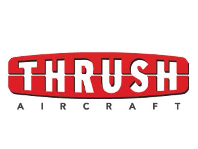 Logo of Thrush Aircraft in white text on a red, horizontal oval. The word 