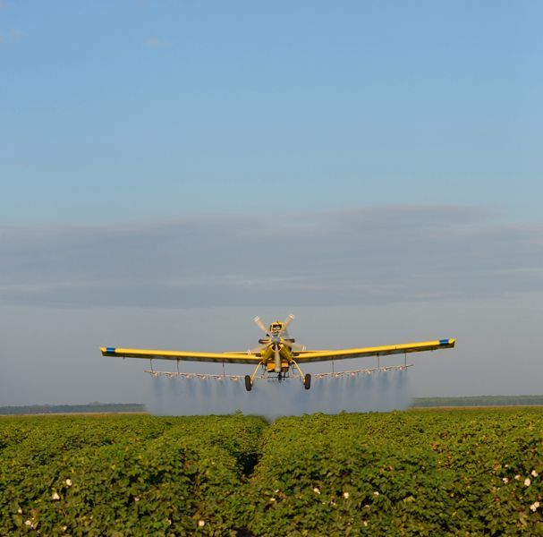 Yellow crop duster spraying a field; blue sky in the background.