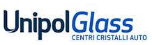 Logo UnipolGlass con testo blu e sottotitolo “CENTRI CRISTALLI AUTO” su sfondo bianco