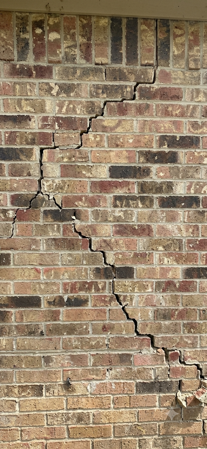 Cracked brick wall with a long diagonal fracture and chipped mortar.