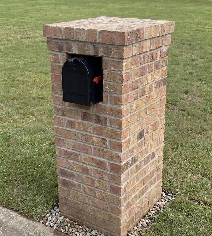 Brick mailbox on a grassy curbside lawn in front of a house