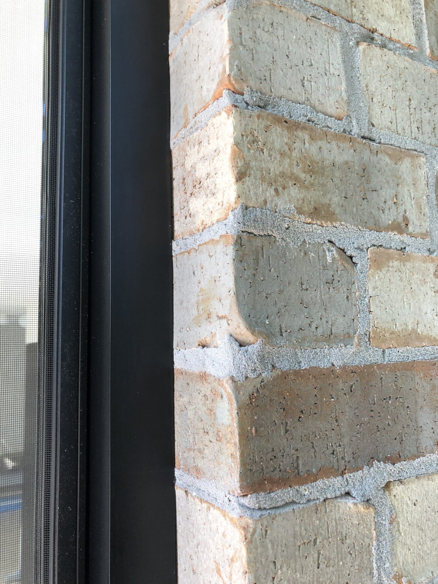 Close-up of a brick wall corner beside a black-framed window screen.