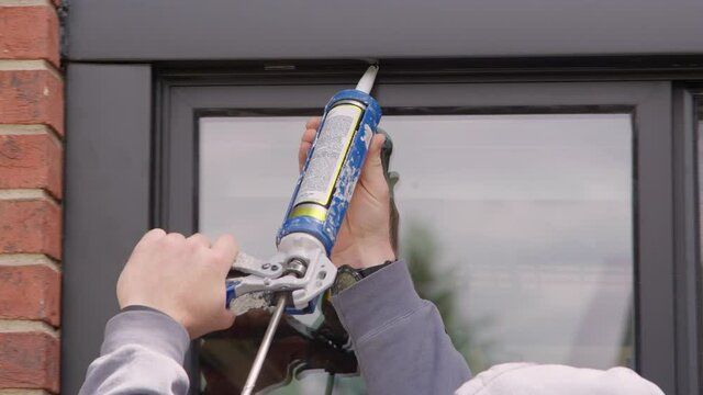 Hands applying a caulk gun to seal a window frame on a brick house exterior
