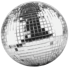 Silver disco ball with reflective mirrored tiles.