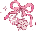 Pink bow with heart and four-leaf clover charms dangling from chains, with sparkles.