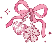 Pink bow with heart and four-leaf clover charms dangling from chains, with sparkles.
