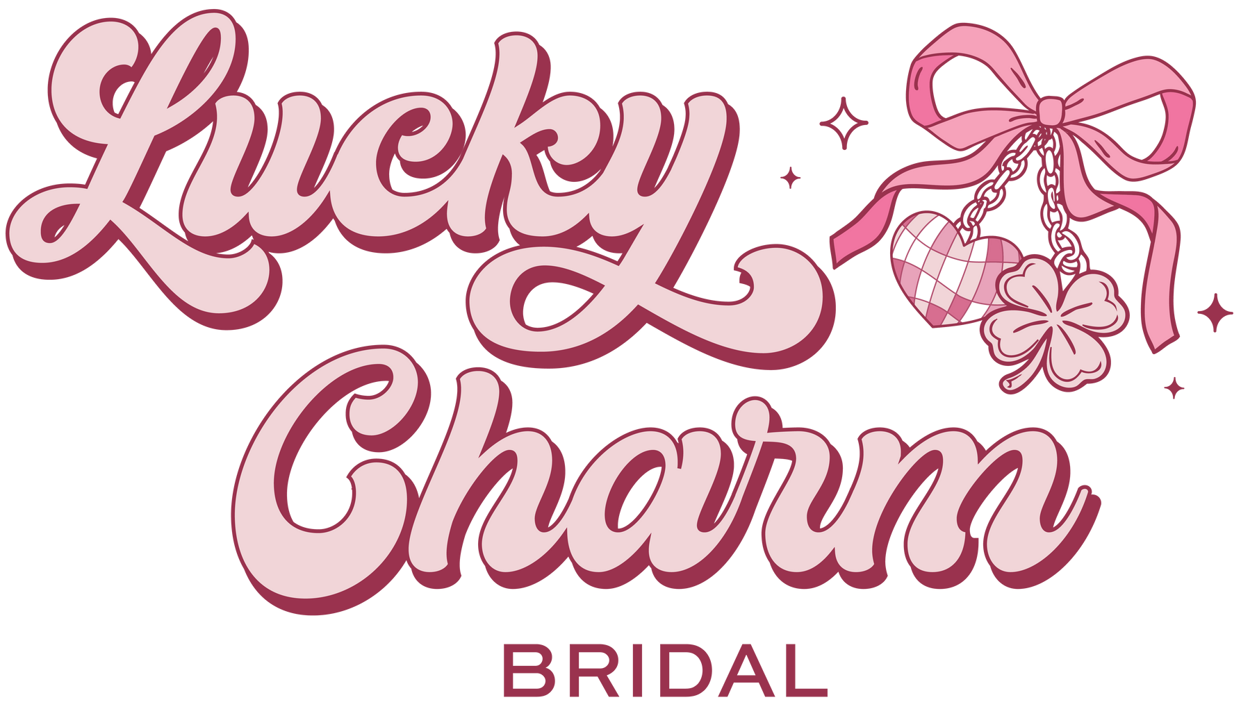 "Lucky Charm Bridal" logo with cursive text, pink bow, charms, and clover.