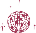 Disco ball with surrounding stars, maroon on white background.