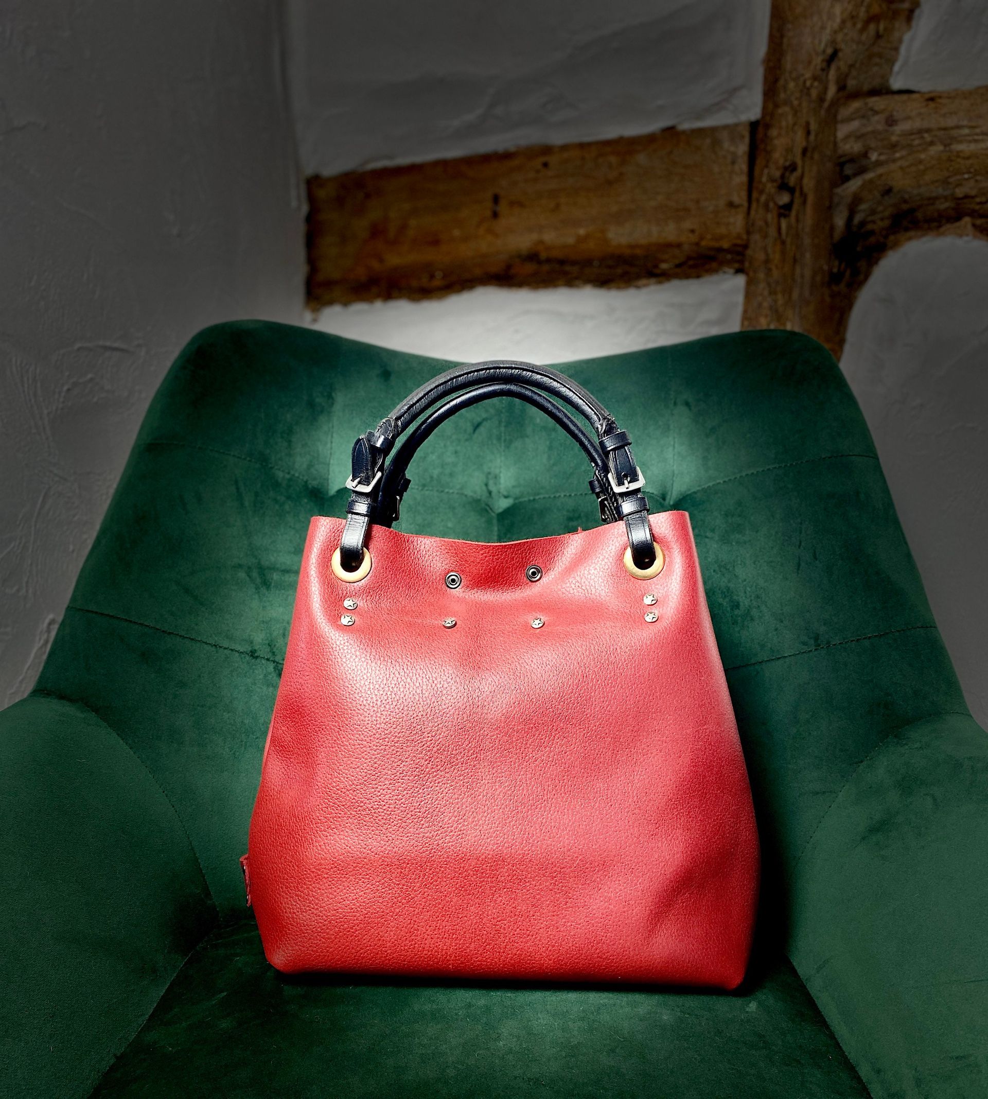 Red leather top handle bag