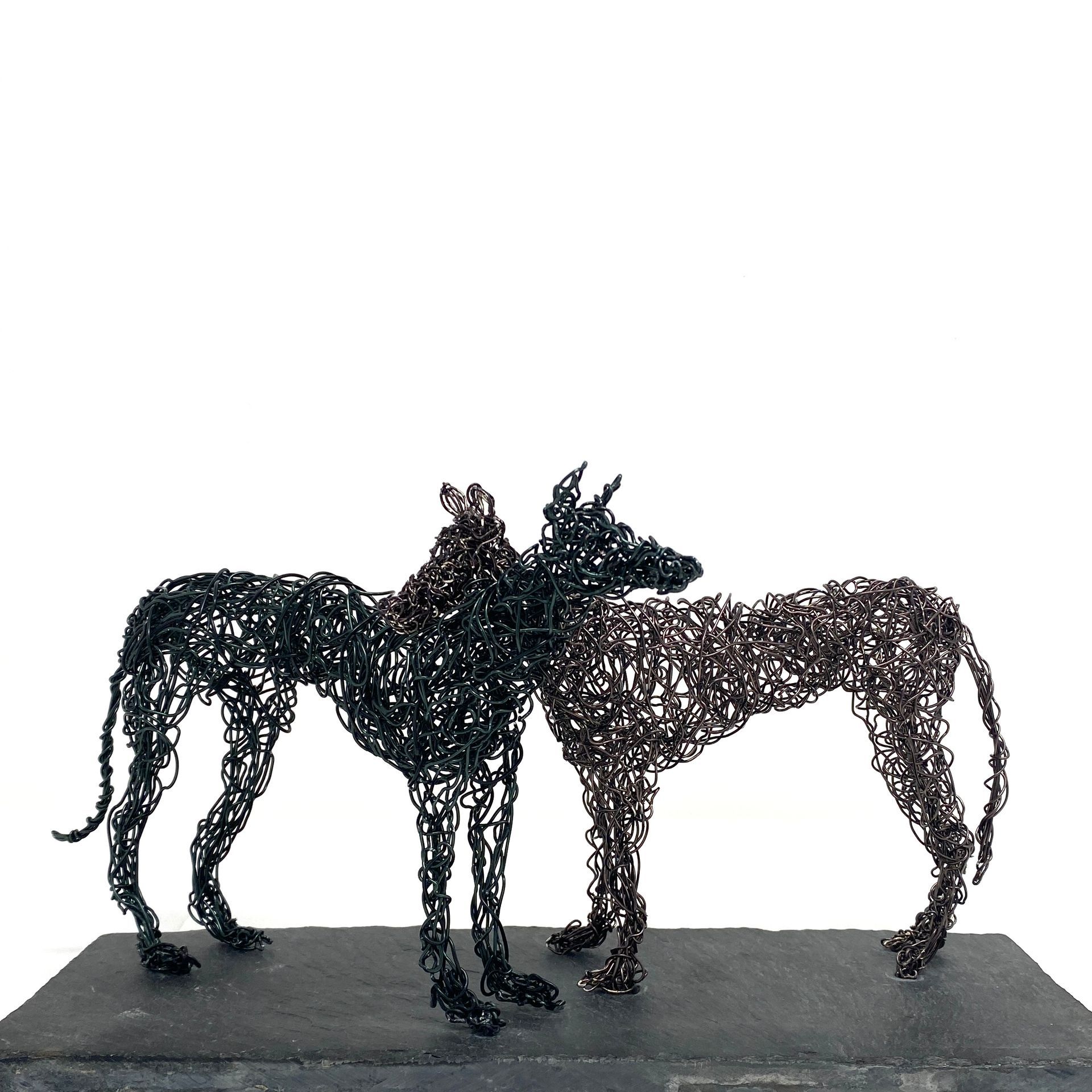 Wire Sculpture two greyhounds black & grey longdogs mounted on slate plinth