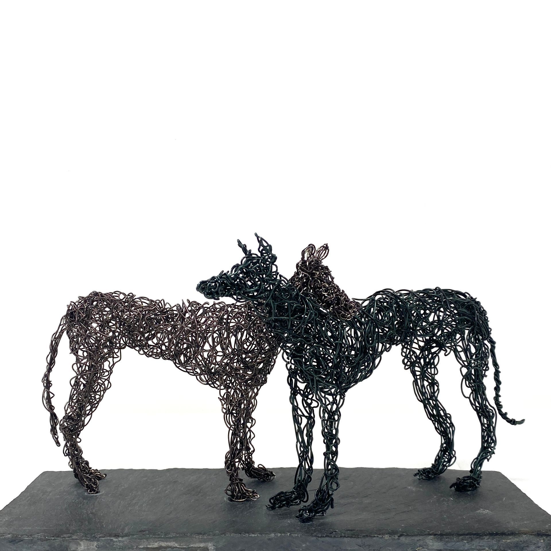 Wire Sculpture two greyhounds black & grey longdogs mounted on slate plinth
