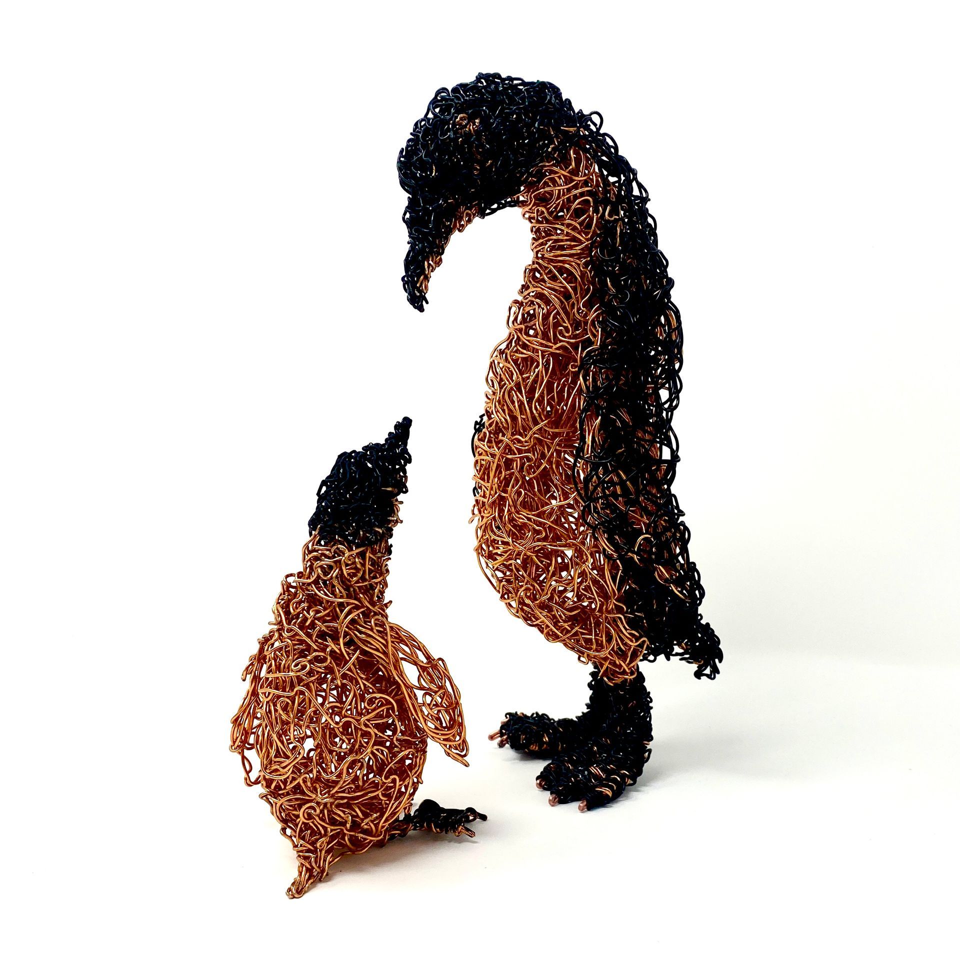 Wire sculpture penguin & baby chick, black & copper wire