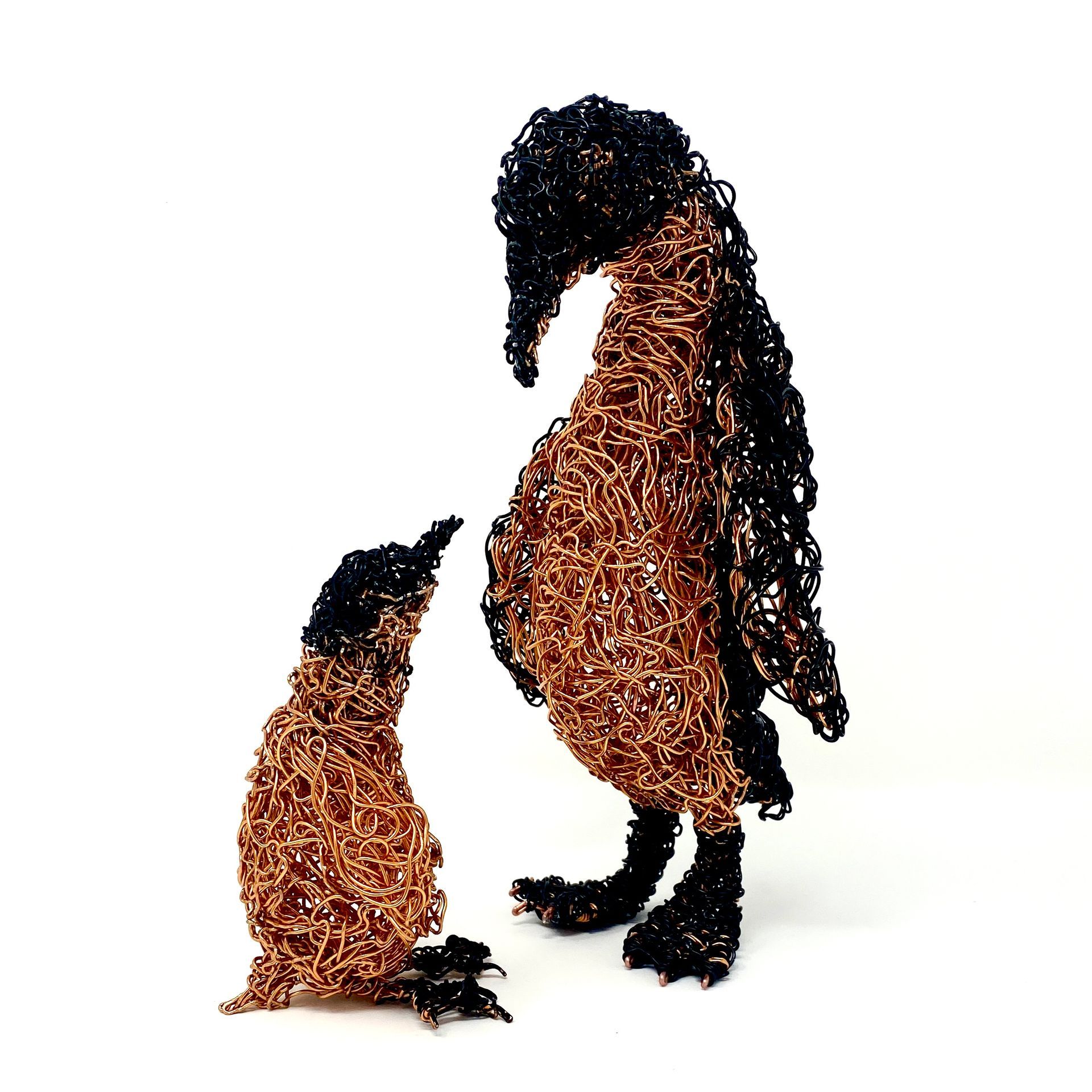 Wire sculpture penguin & baby chick, black & copper wire