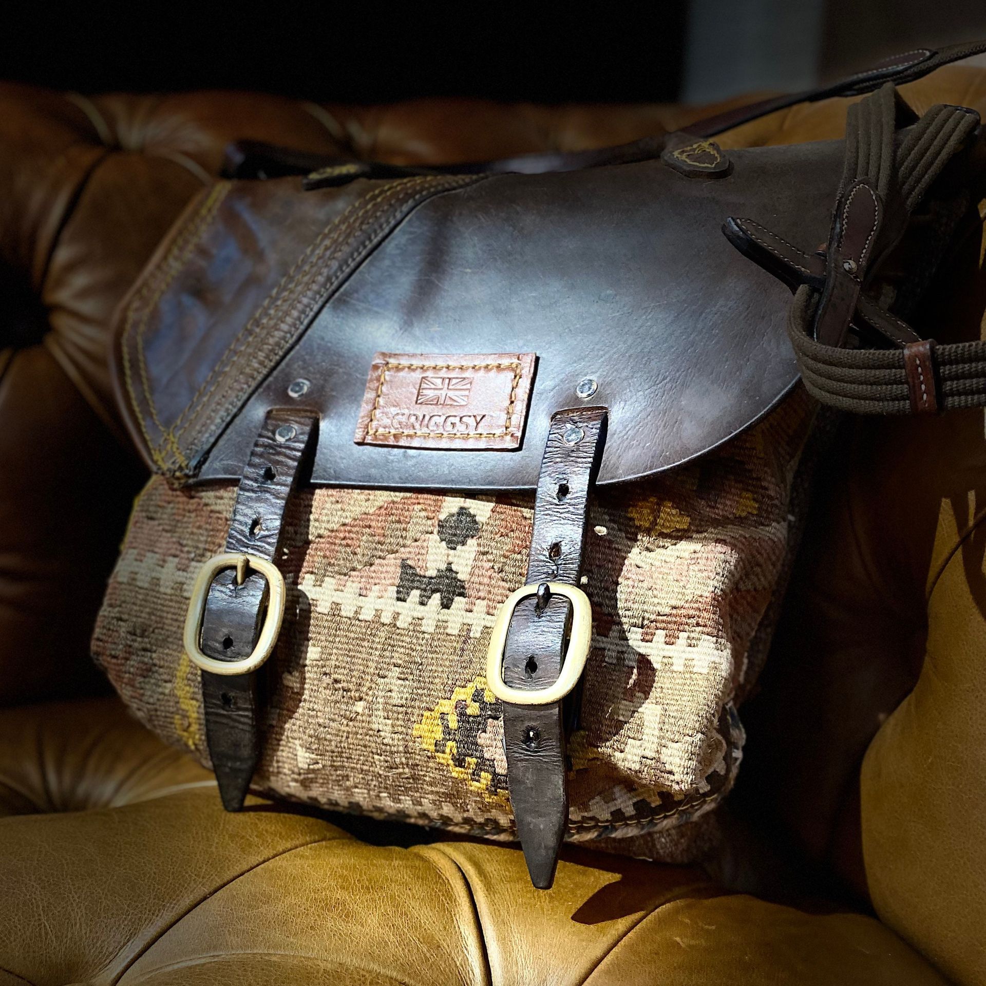 Saddle & kilim rug handbag adjustable from crossbody to shoulder