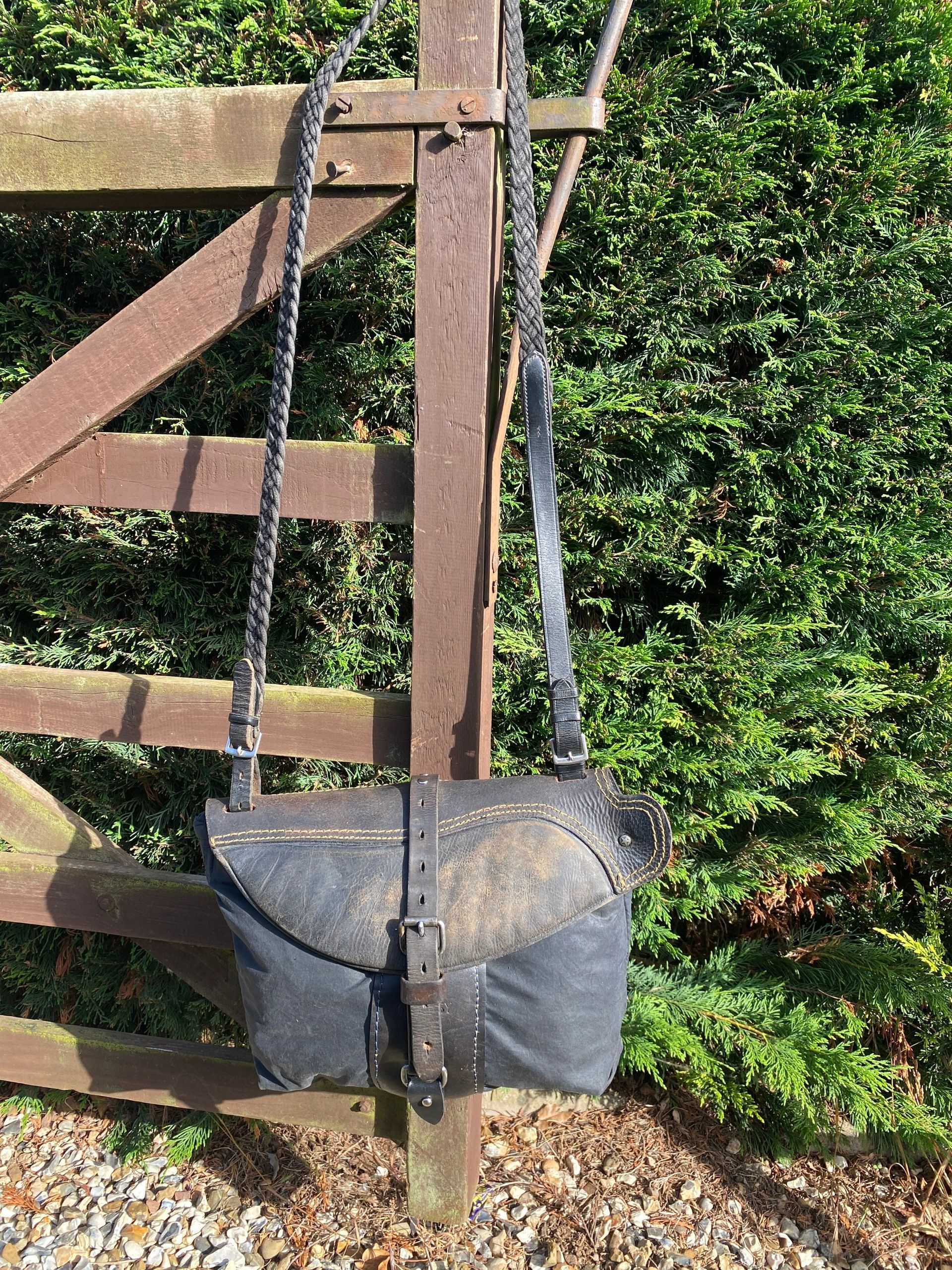 wax cotton jacket upcycled into messenger bag adjustable strap shoulder to crossbody style