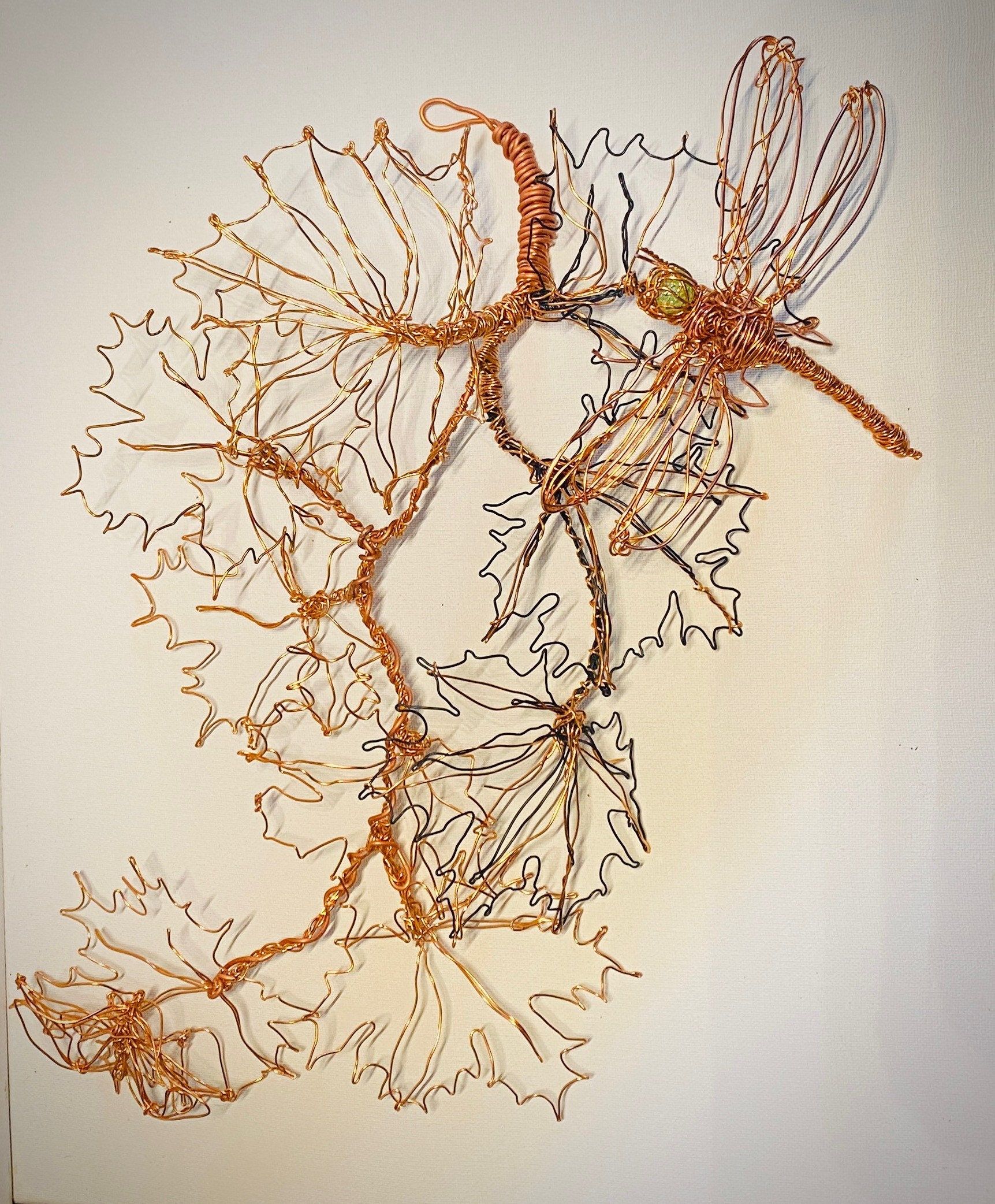 Dragonfly & butterfly on leaves copper wire art sculpture wall hanging