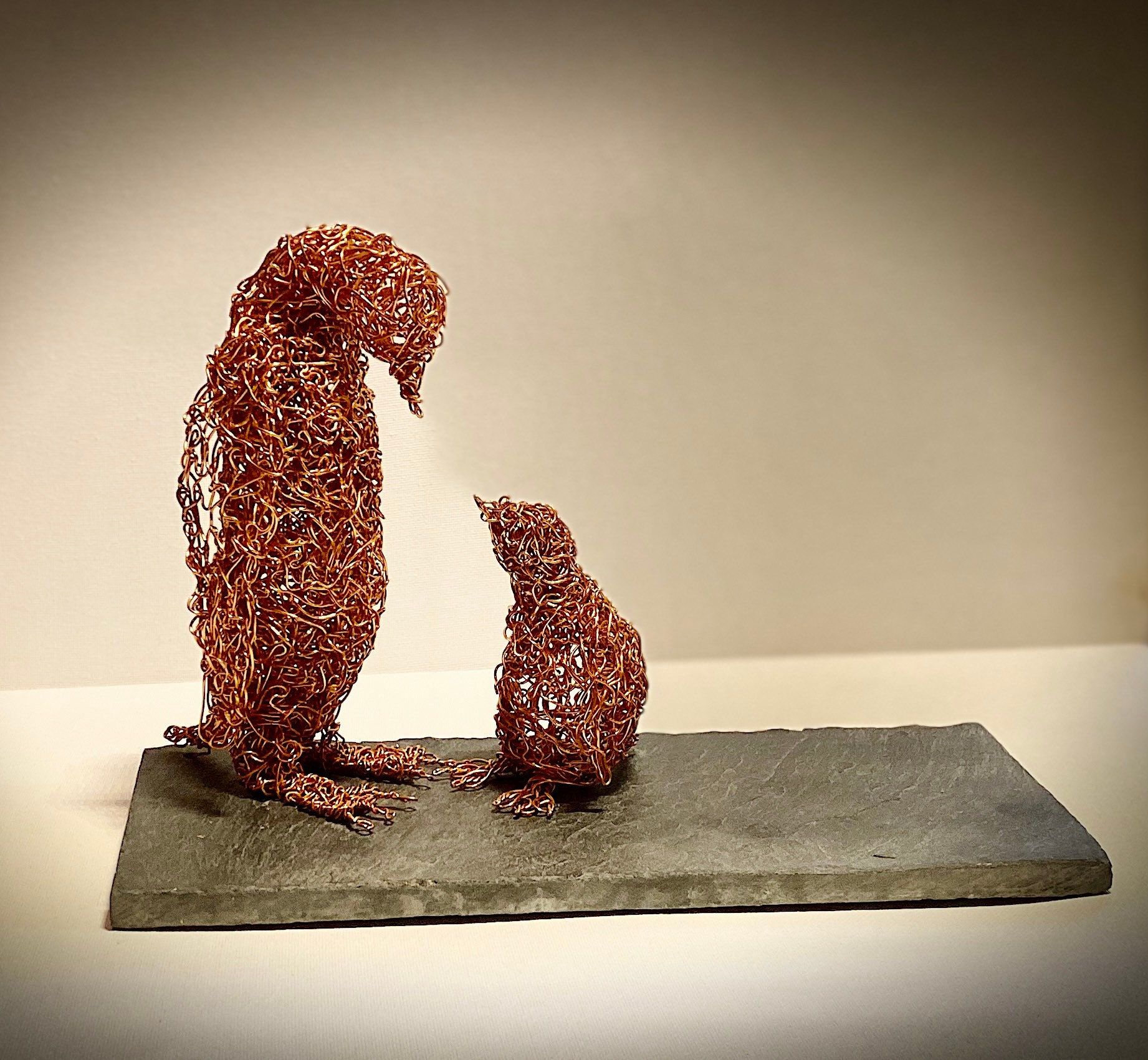 Copper wire penguin & chick sculpture