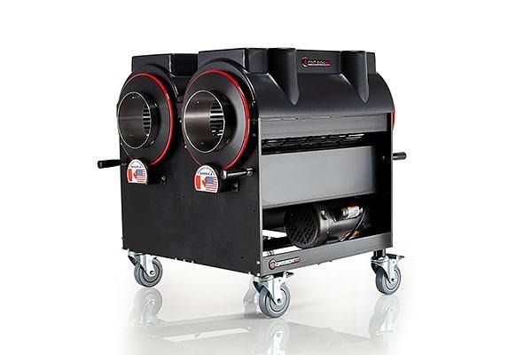 Black rolling industrial machine with two red-rimmed fans and shelves on casters