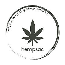 Round HempSac logo with black cannabis leaf and website/phone text around the edge