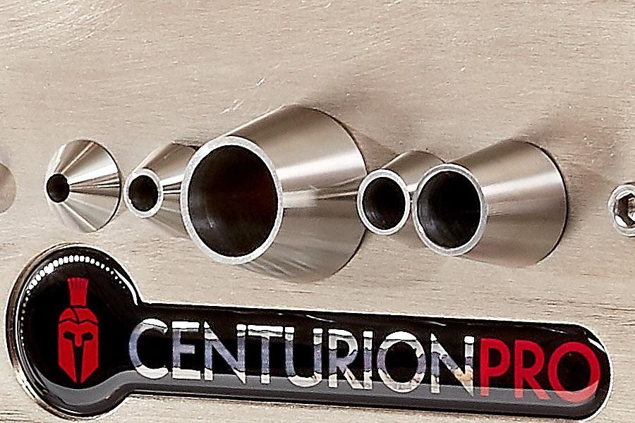 Chrome CenturionPro logo with stylized exhaust tips on a metallic background