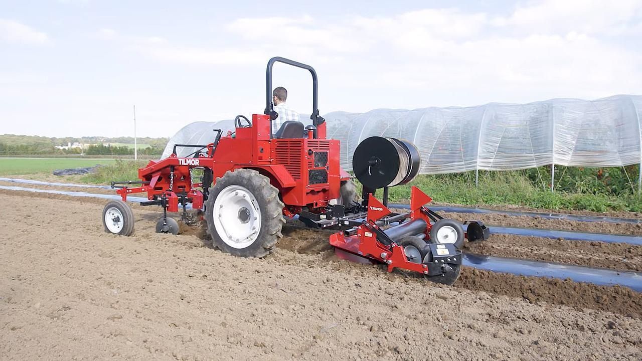 Red tractor tilling a farm field beside plastic-covered crops