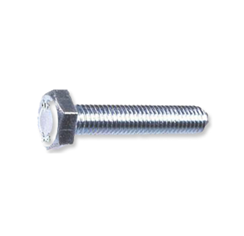 A close up of a stainless steel bolt on a white background.