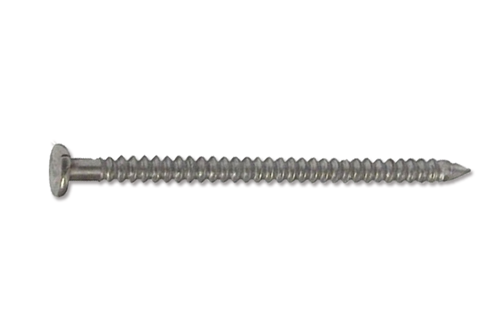A close up of a stainless steel ring shank nail on a white background.