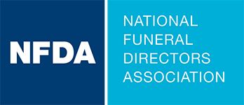 NFDA logo with white letters on dark blue beside National Funeral Directors Association on teal background