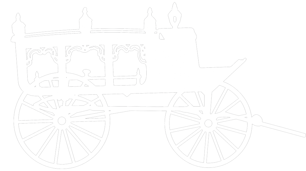 Horse-drawn stagecoach on wheels with a driver and passengers, seen in side view