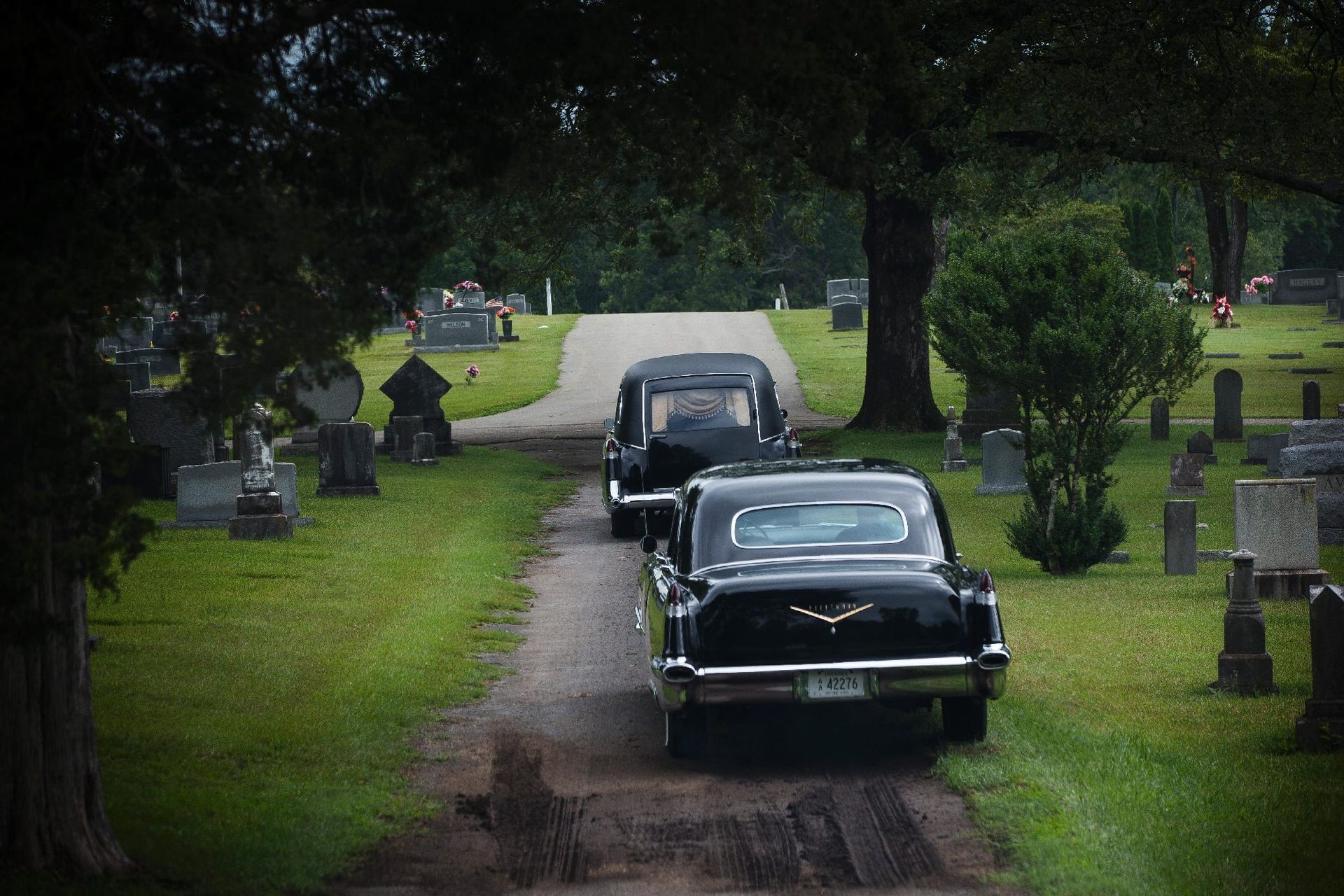 Two black vintage cars driving through a cemetery on a narrow dirt path