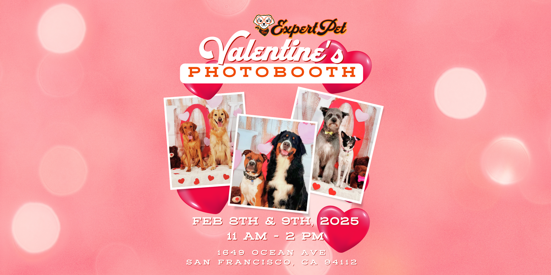 A poster for a valentine 's photo booth with dogs and cats.