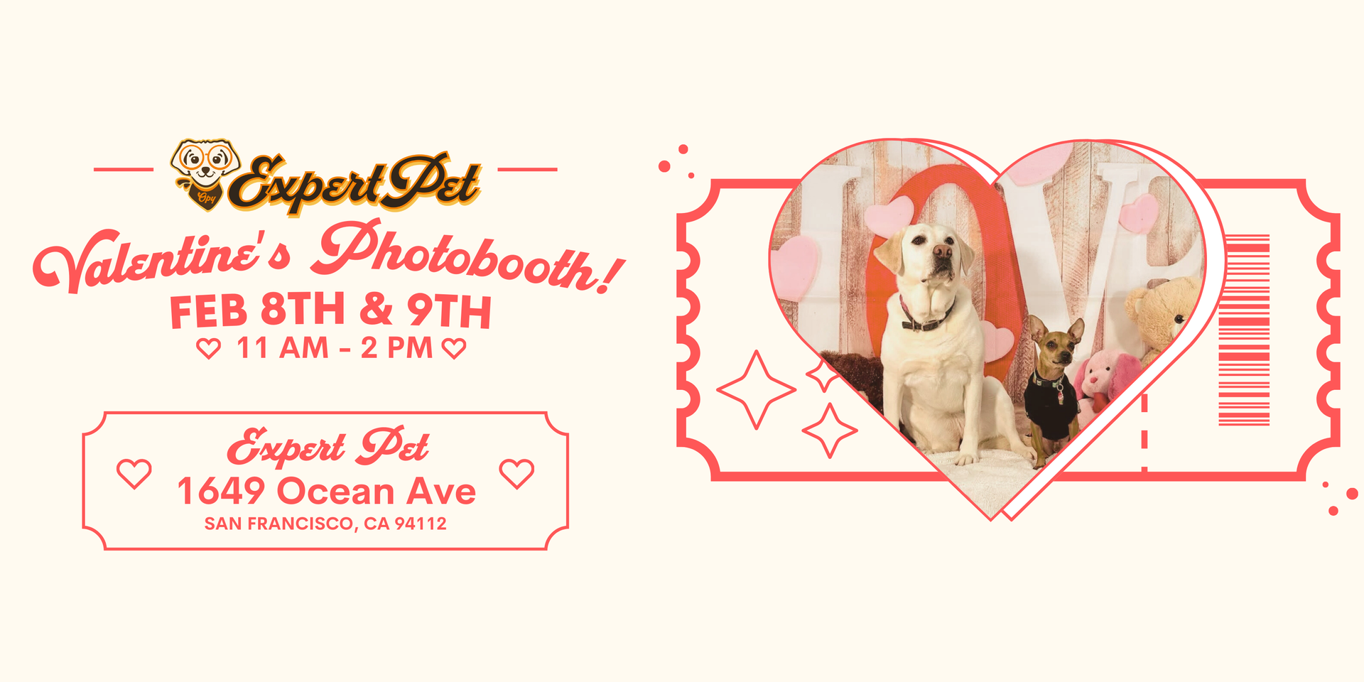 An advertisement for a valentine 's photo booth with a picture of a dog and a cat.