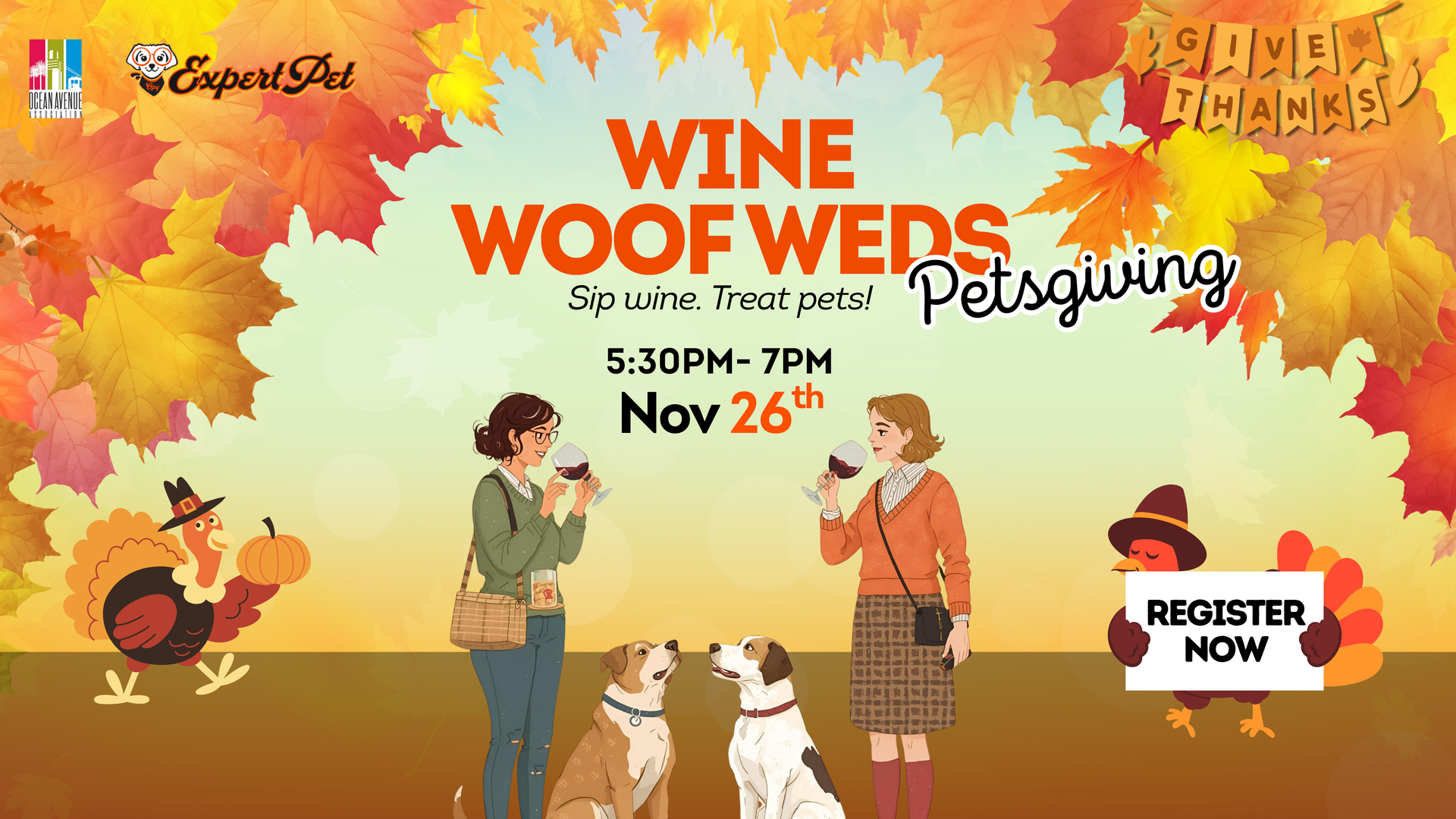 Wine Woofweds Petsgiving event graphic: People with dogs drinking wine. Colorful fall leaves and turkeys.
