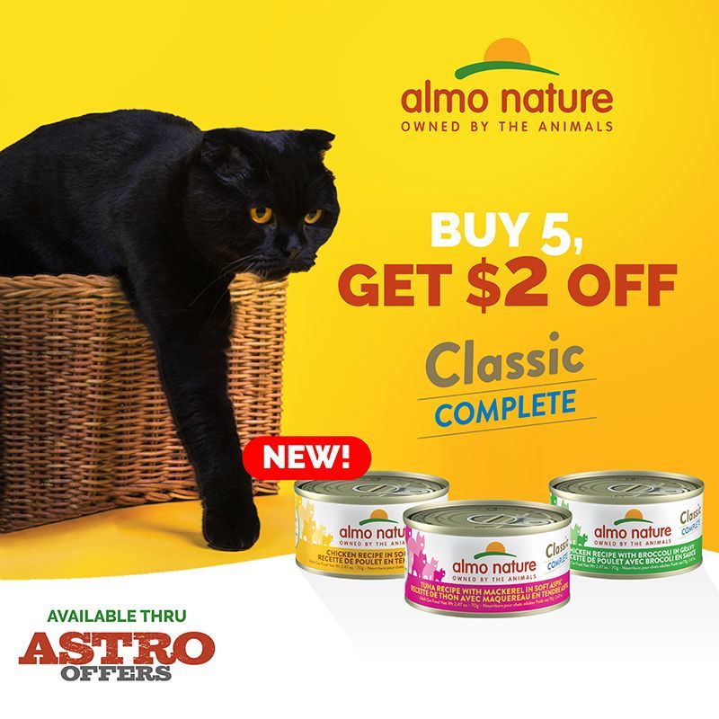 An advertisement for almo nature classic complete cat food