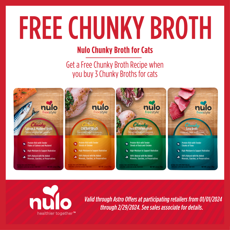 An advertisement for nulo chunky broth for cats