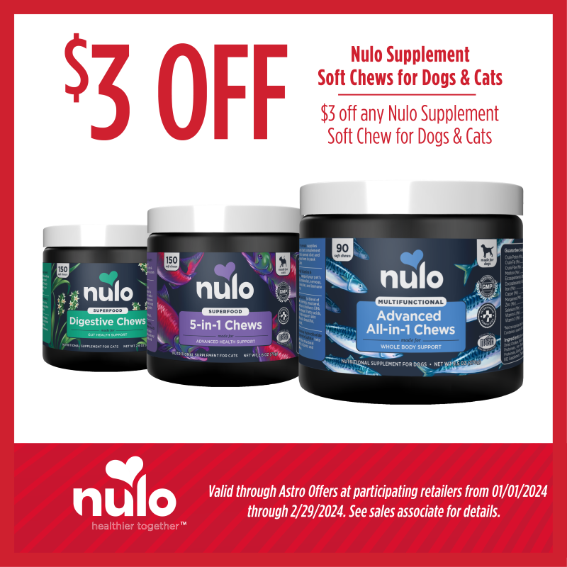$ 3 off any nulo supplement soft chews for dogs and cats